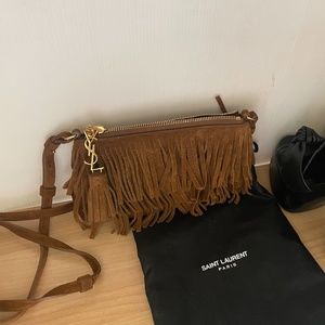 Saint Laurent Suede Fringe Olive Green Crossbody Bag